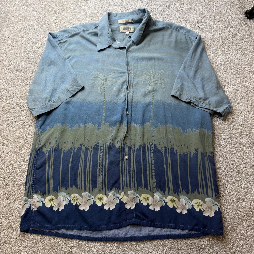 Camera Shirt Mens 3XL Blue Palm Tree Hawaiian Short Sleeve Button Up Rayon Beach
